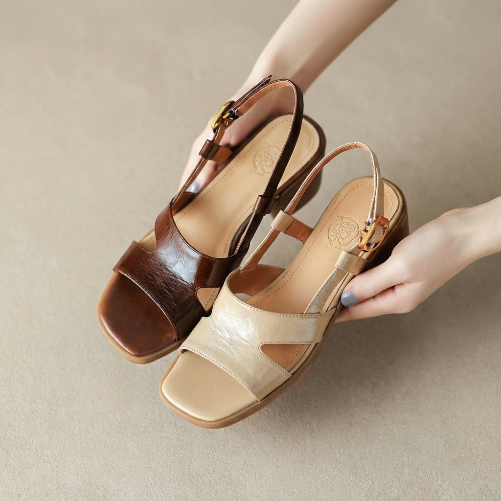 Women's Slingback Sandals Block Heel Open Toe Faux Leather Sophisticated Walking Shoes