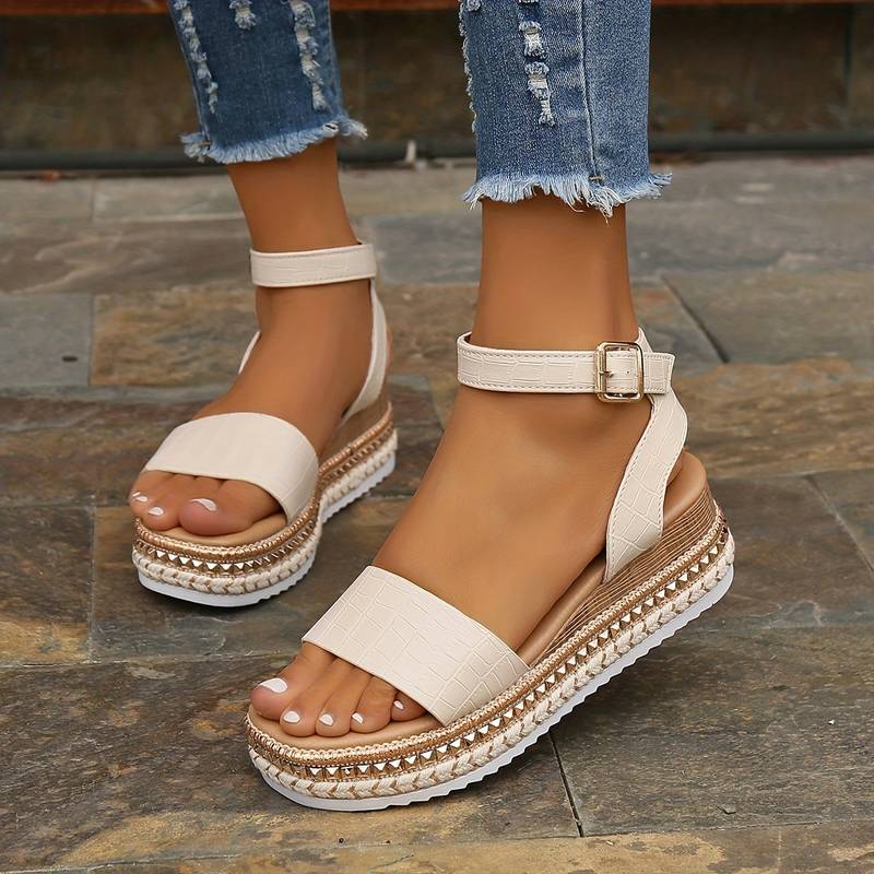 Women's Platform Sandals Buckle Ankle Strap Open Toe Textured Sole Casual Shoes