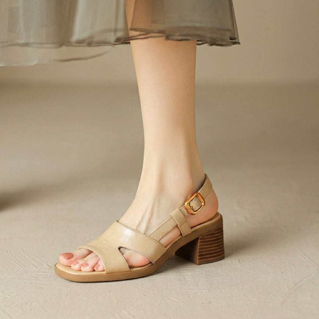 Women's Slingback Sandals Block Heel Open Toe Faux Leather Sophisticated Walking Shoes