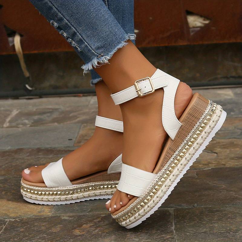 Women's Platform Sandals Buckle Ankle Strap Open Toe Textured Sole Casual Shoes