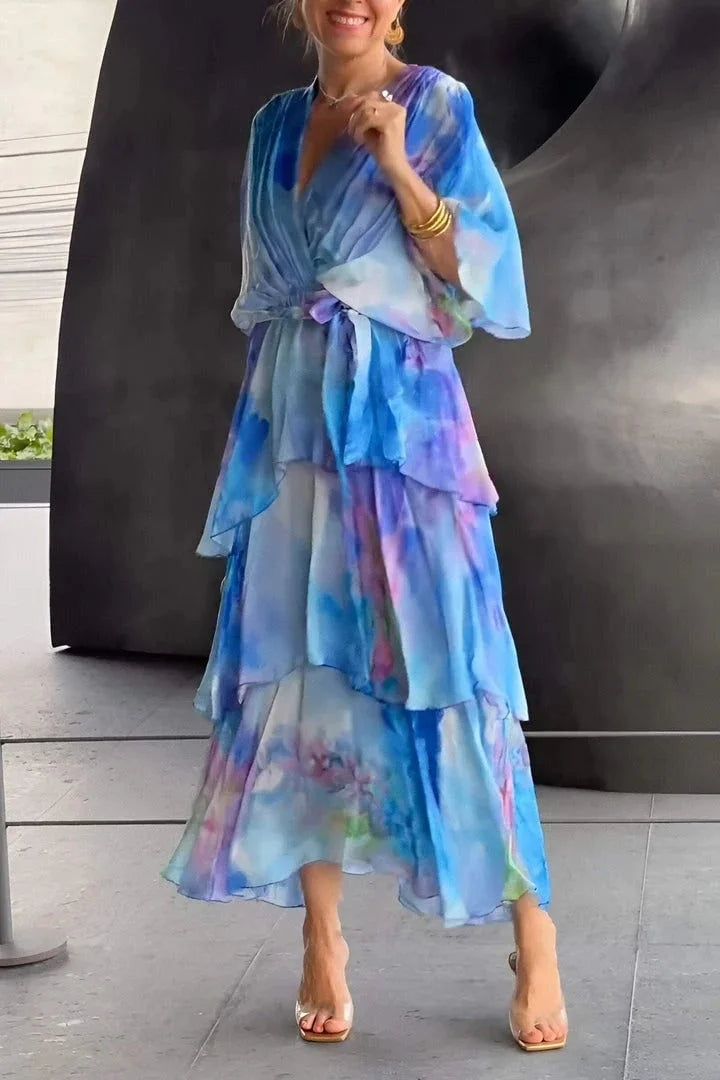 Women's tiered wrap dress - printed chiffon fabric gala evenings