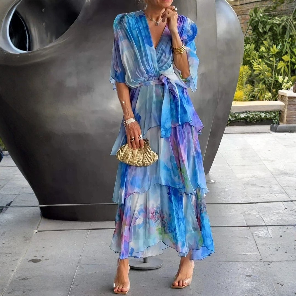 Women's tiered wrap dress - printed chiffon fabric gala evenings