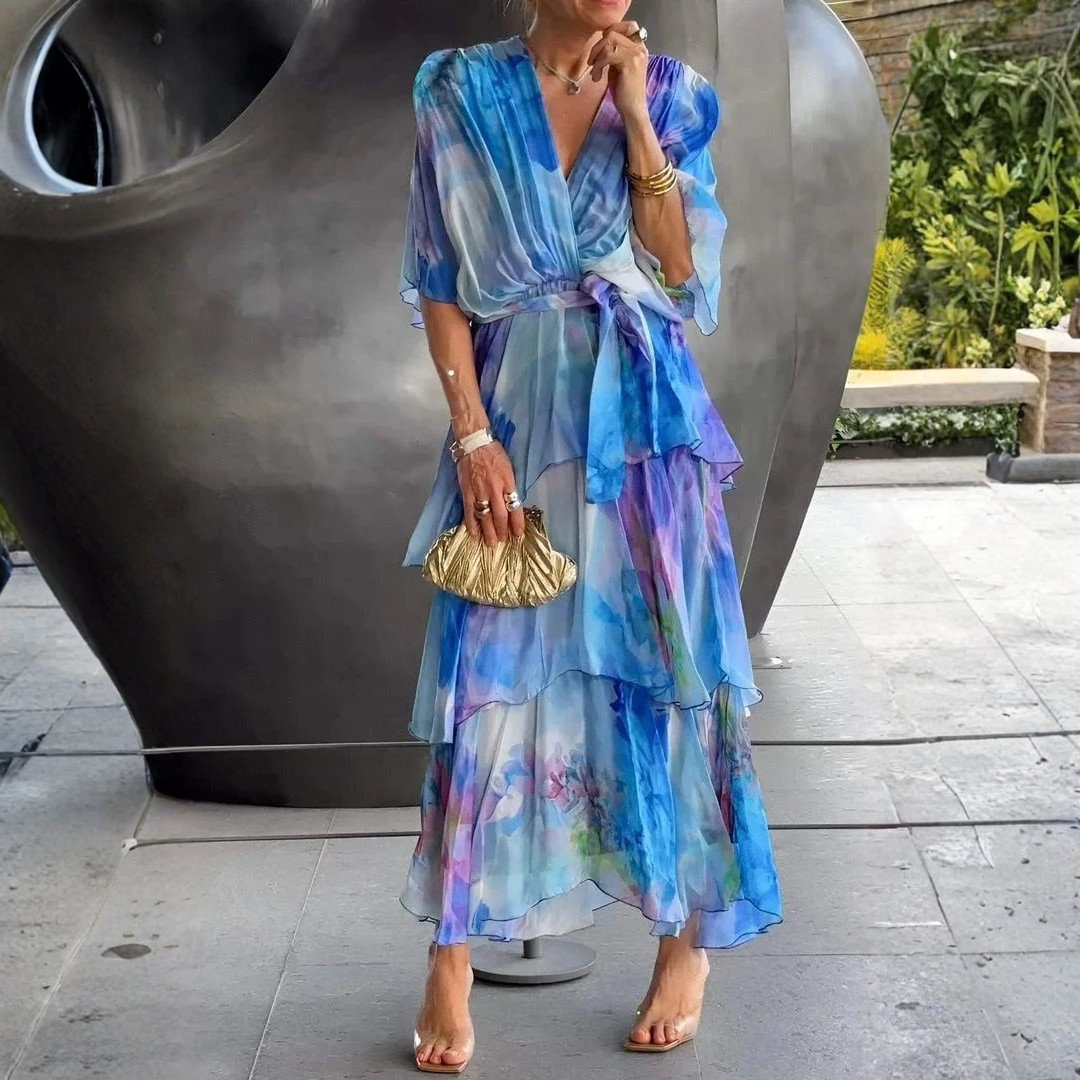 Women's tiered wrap dress - printed chiffon fabric gala evenings