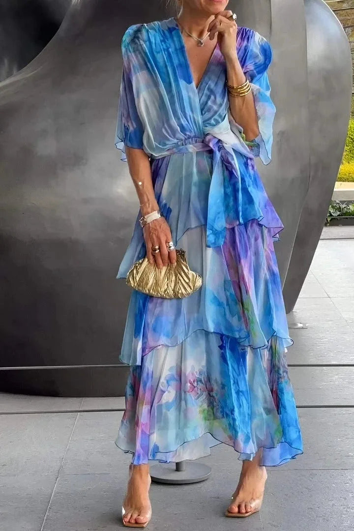 Women's tiered wrap dress - printed chiffon fabric gala evenings
