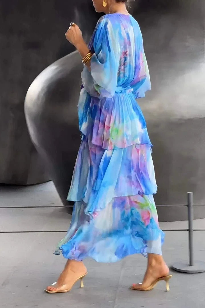 Women's tiered wrap dress - printed chiffon fabric gala evenings