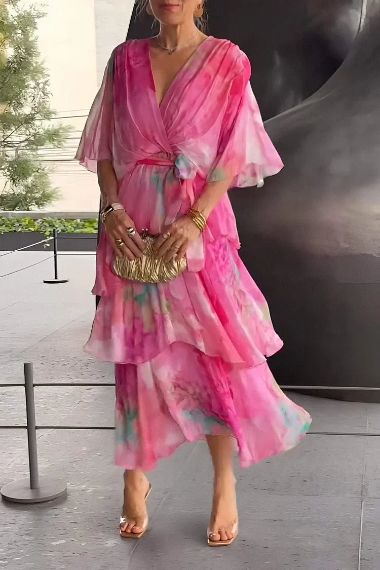 Women's tiered wrap dress - printed chiffon fabric gala evenings