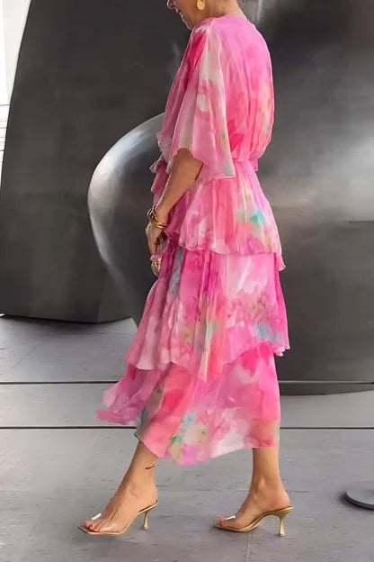 Women's tiered wrap dress - printed chiffon fabric gala evenings