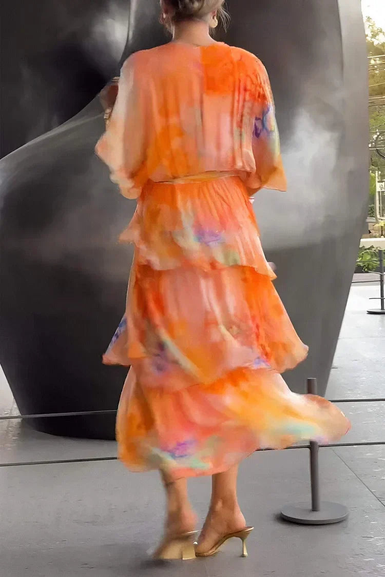Women's tiered wrap dress - printed chiffon fabric gala evenings