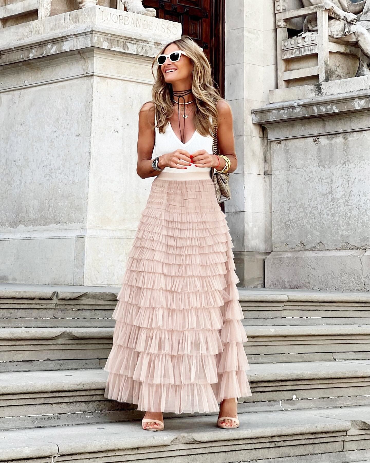 Women's tiered tulle maxi skirt with ruffled layers — evening