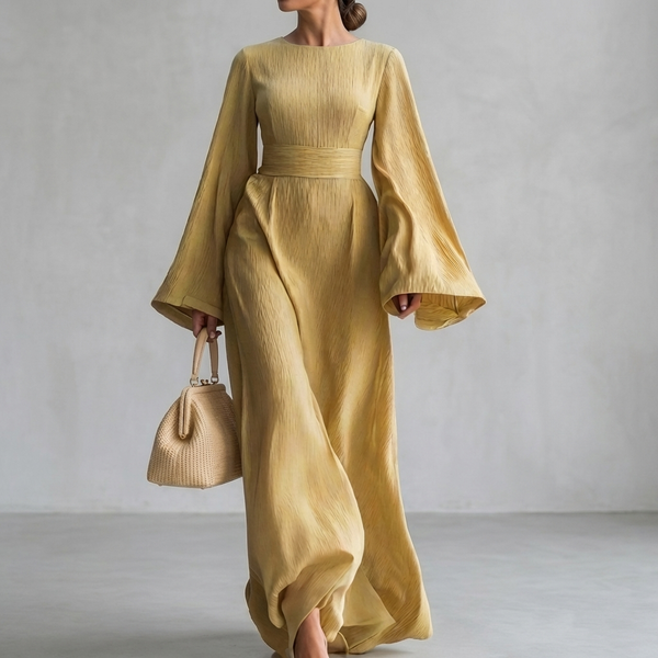 Bell Sleeve Maxi Dress Crew Neck Ribbed Texture Belted Flowy Long Sleeve Dress