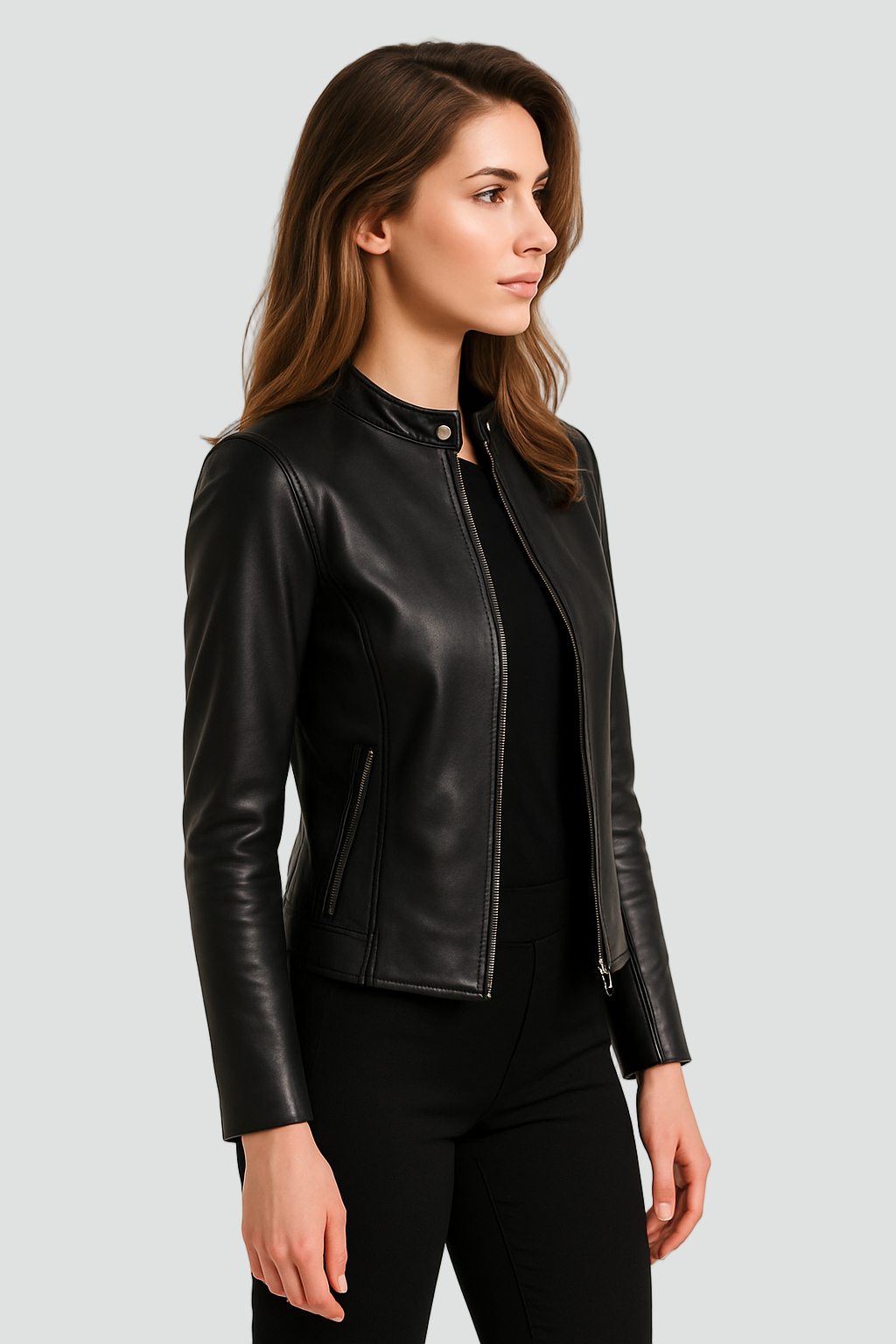 Women's Faux Leather Jacket with Zip Closure for Everyday and Evening Wear