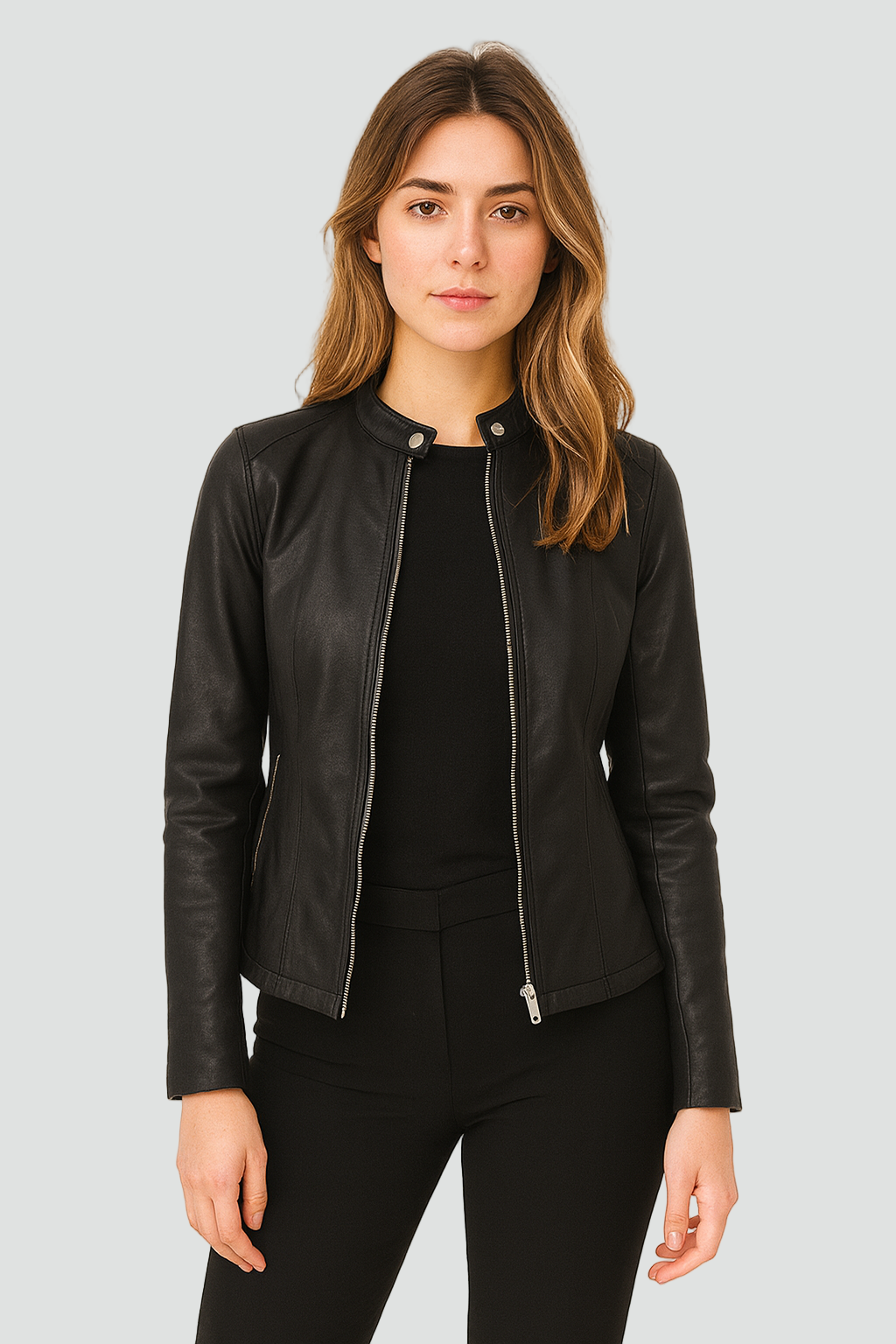 Women's Faux Leather Jacket with Zip Closure for Everyday and Evening Wear