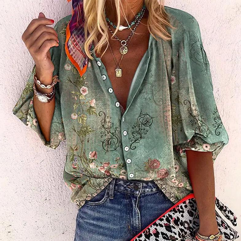 Women's boho print blouse - button down V-neck summer evenings