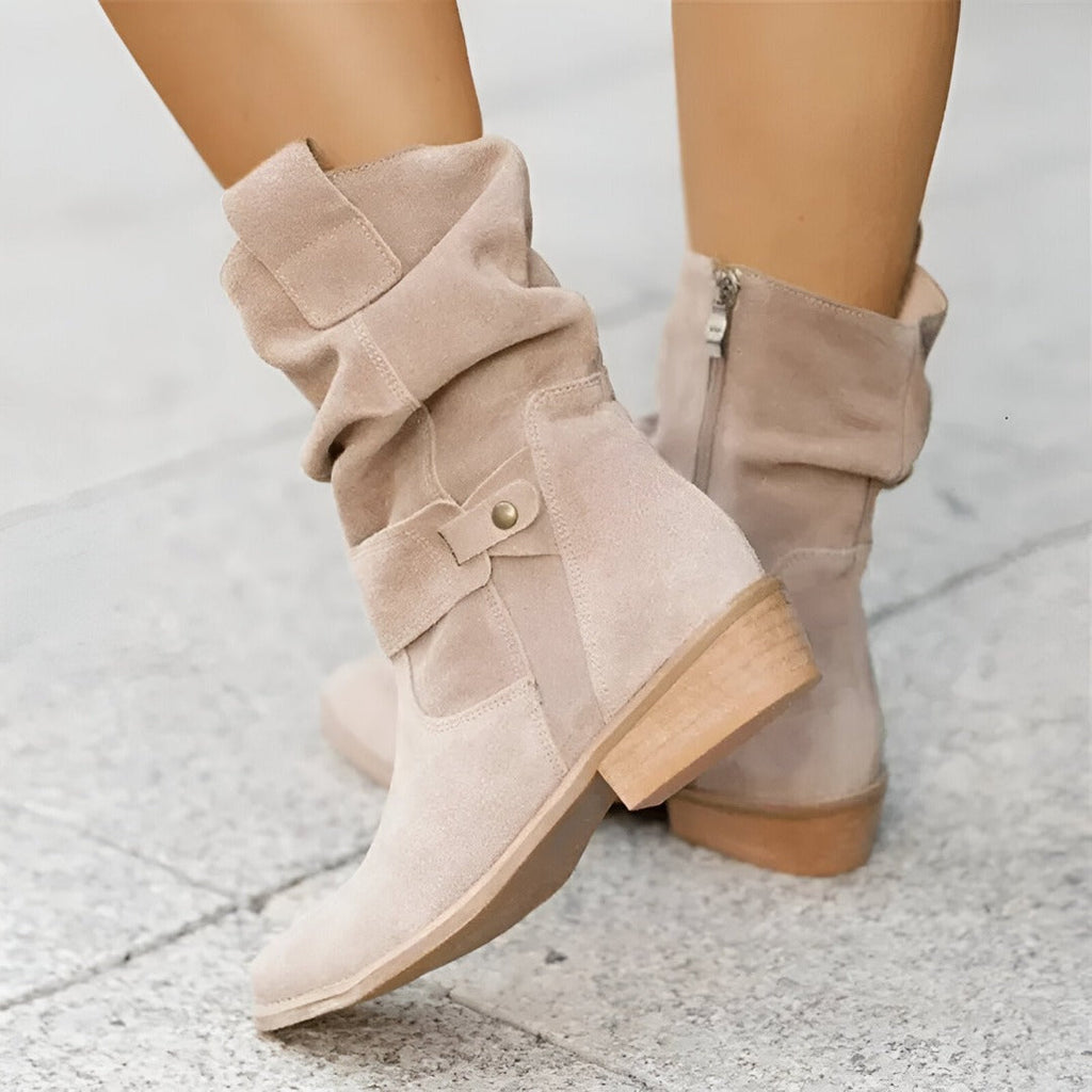 Women's Ankle Boots Faux Suede Slouchy Low Heel Buckle Strap Casual