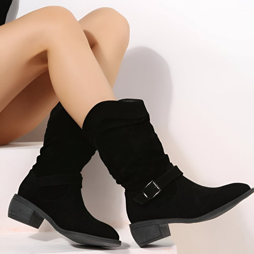Women's Ankle Boots Faux Suede Slouchy Low Heel Buckle Strap Casual