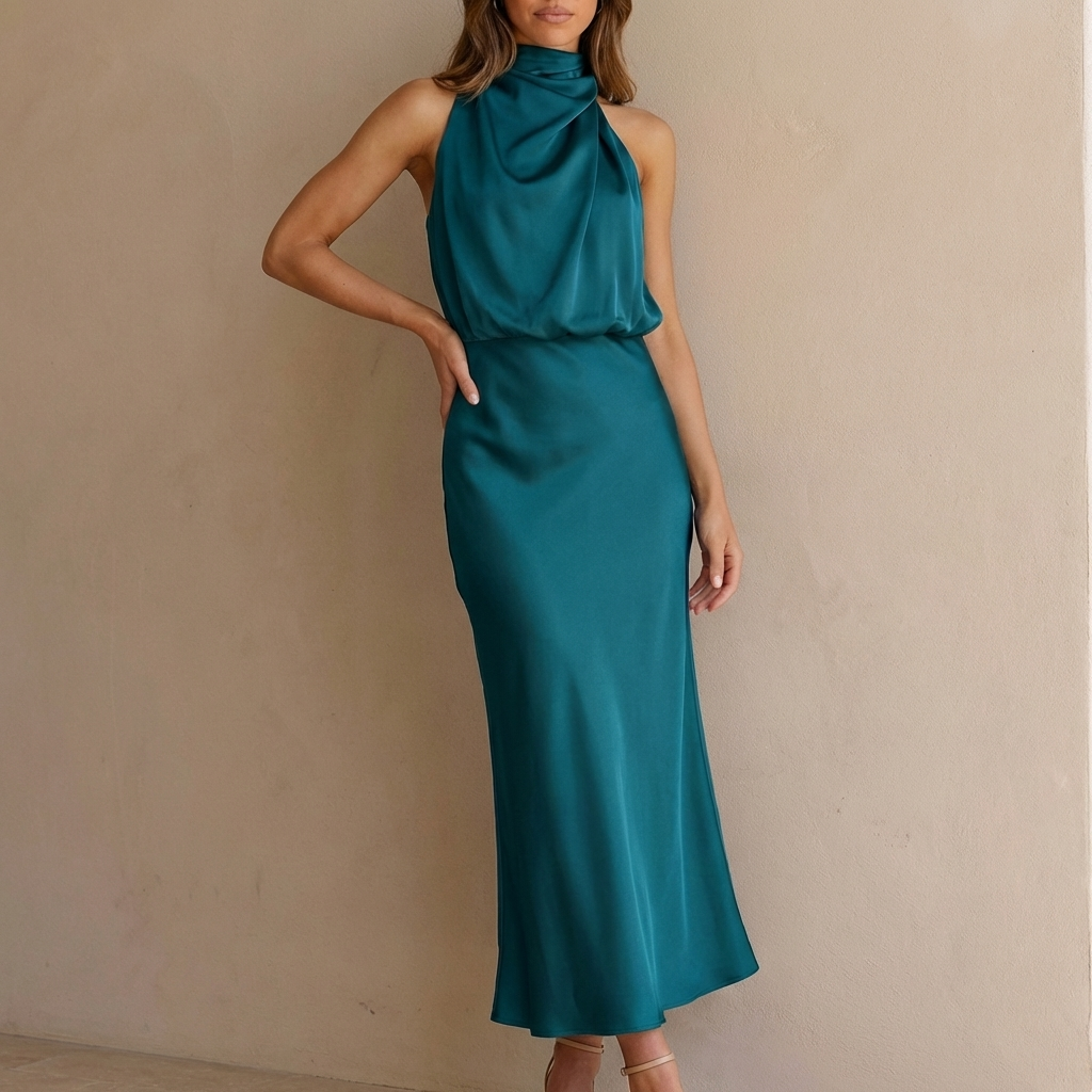 Satin Halter Neck Midi Dress Draped Blouson Waist Sleeveless Body Skimming Evening Wear