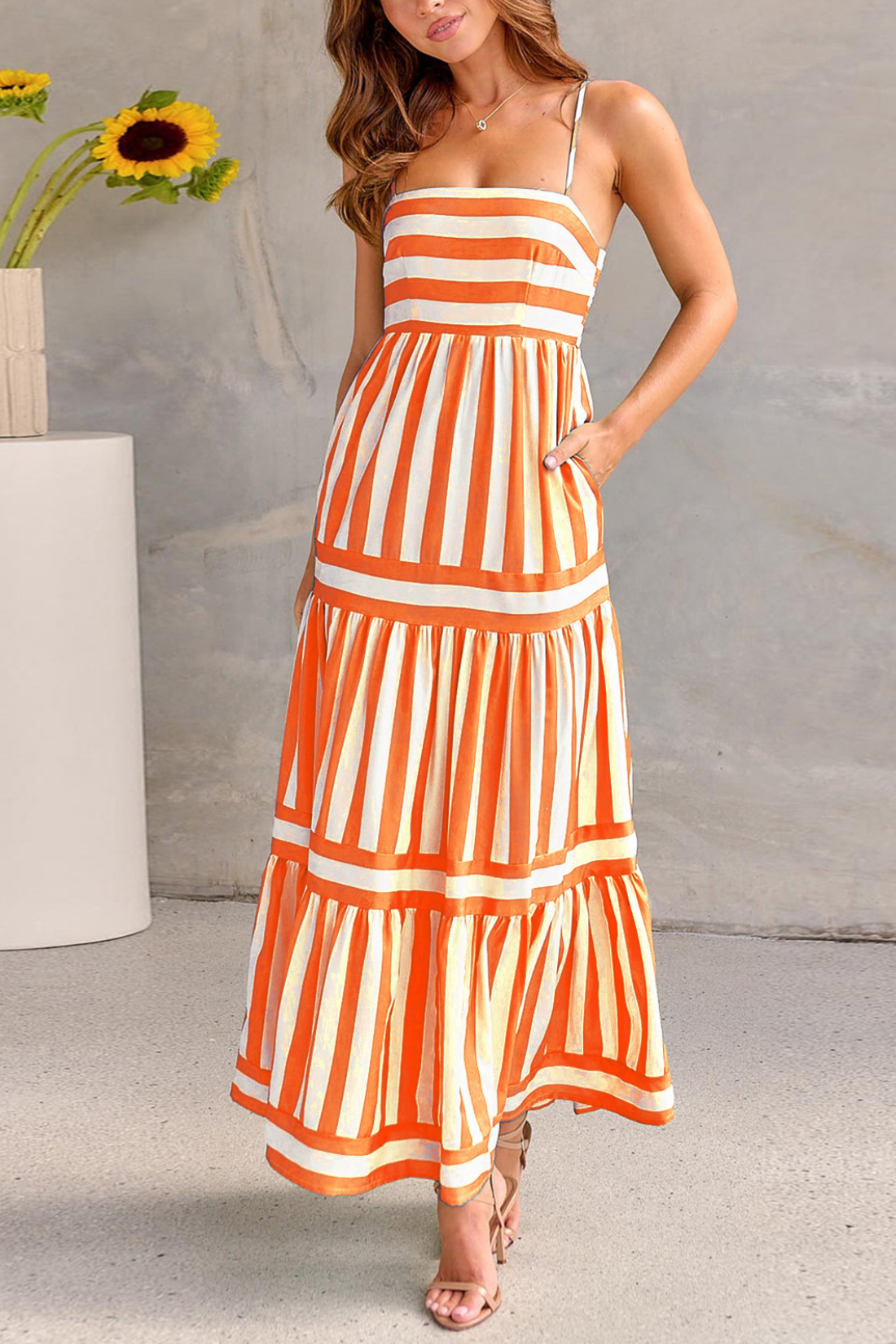 Tiered Striped Spaghetti Strap Maxi Dress