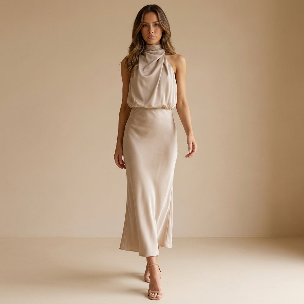 Satin Halter Neck Midi Dress Draped Blouson Waist Sleeveless Body Skimming Evening Wear