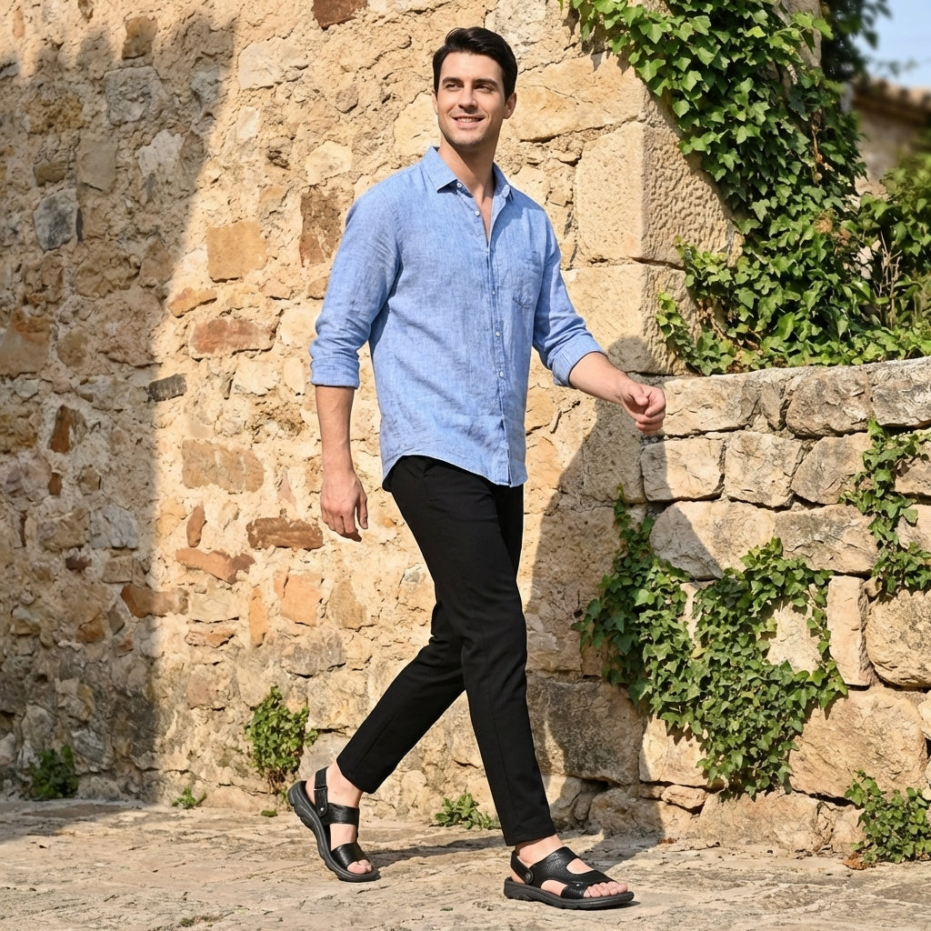 Men's Leather Beach Sandals Open Toe Backstrap Walking Shoes Comfortable Casual Flats