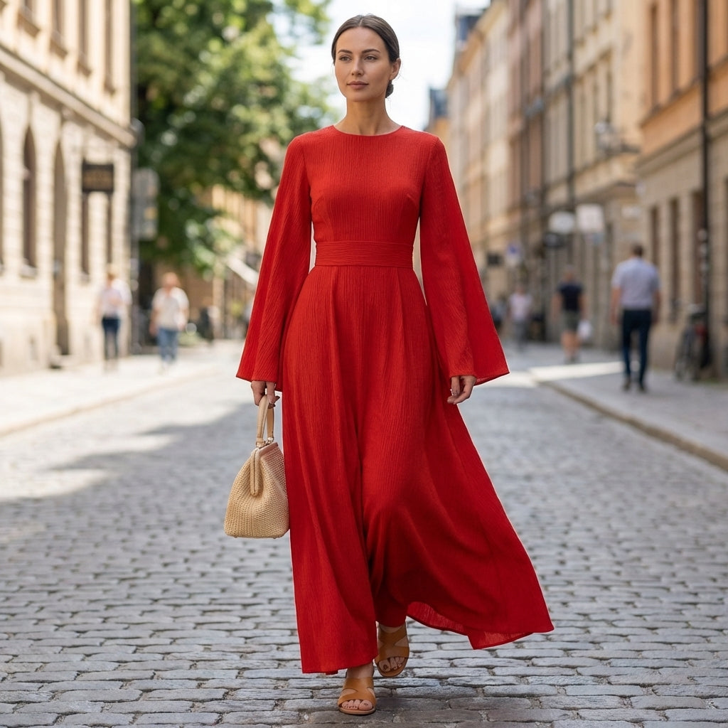 Bell Sleeve Maxi Dress Crew Neck Ribbed Texture Belted Flowy Long Sleeve Dress