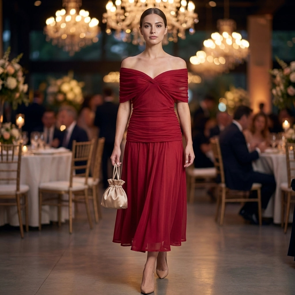 Off-Shoulder A-Line Midi Dress Ruched Cocktail Gown with Pleated Skirt for Women