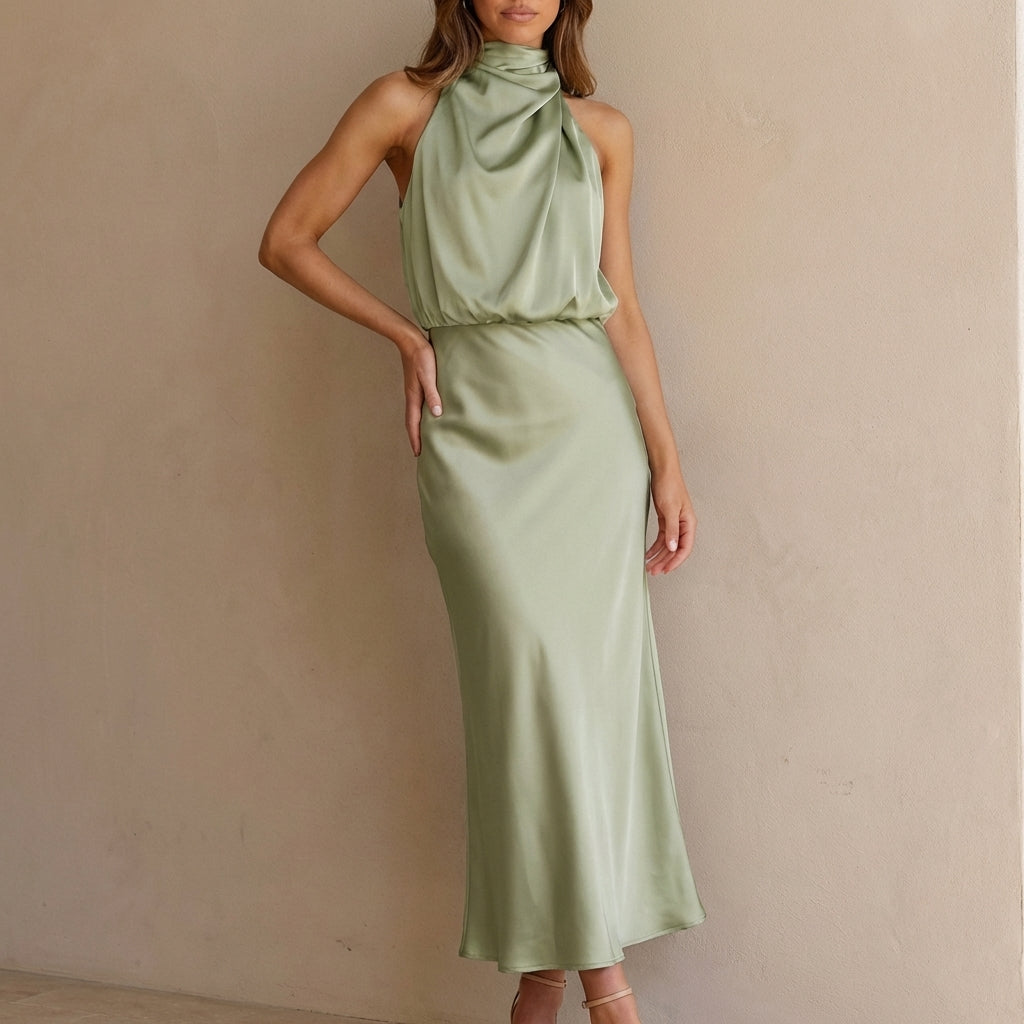 Satin Halter Neck Midi Dress Draped Blouson Waist Sleeveless Body Skimming Evening Wear