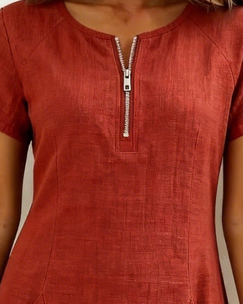 Women's A-Line Linen Dress Zip Neck