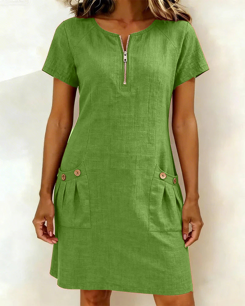 Women's A-Line Linen Dress Zip Neck