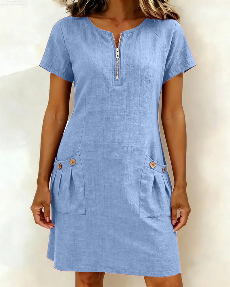 Women's A-Line Linen Dress Zip Neck