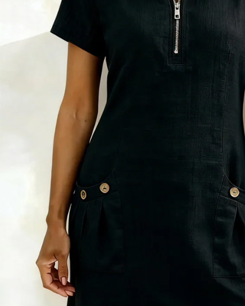 Women's A-Line Linen Dress Zip Neck
