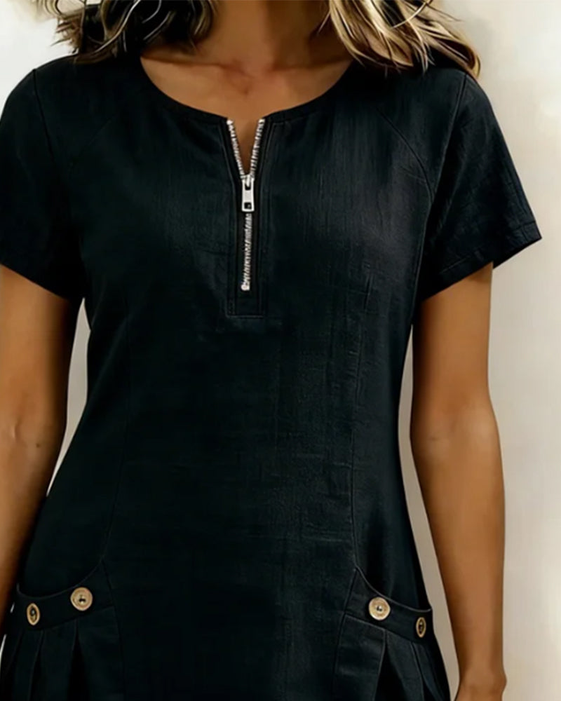 Women's A-Line Linen Dress Zip Neck