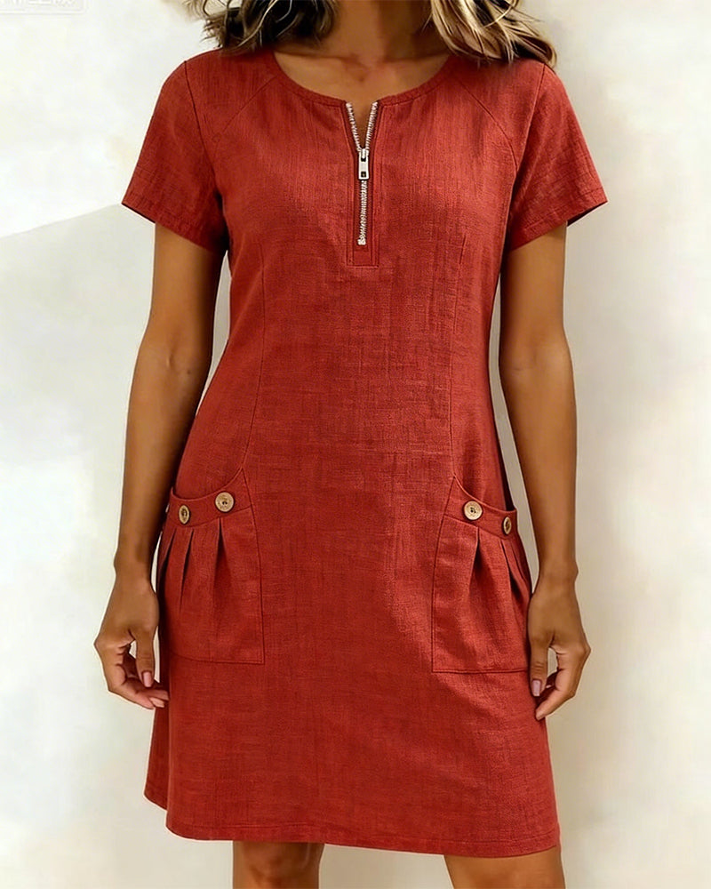 Women's A-Line Linen Dress Zip Neck