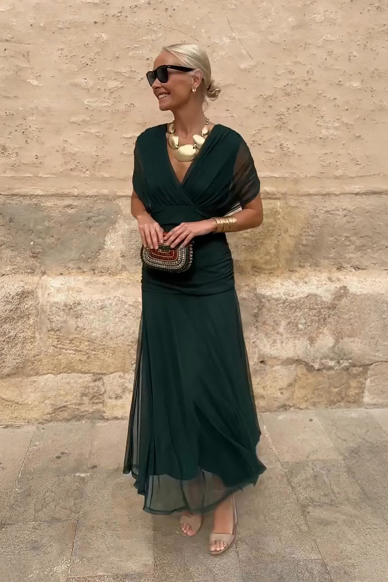 Women's maxi dress - pleated waist V-neck wedding ceremonies