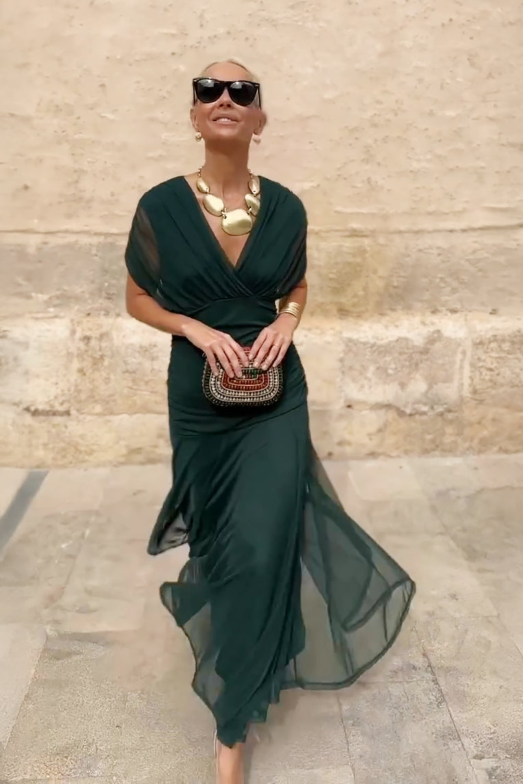 Women's maxi dress - pleated waist V-neck wedding ceremonies