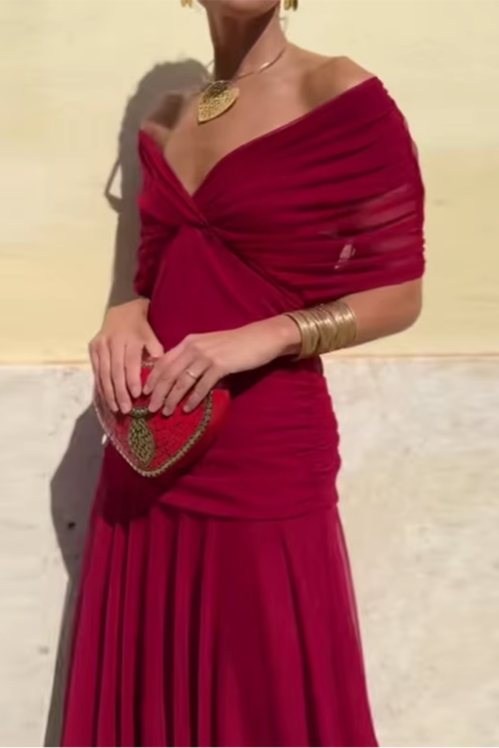 Women's maxi dress - pleated waist V-neck wedding ceremonies