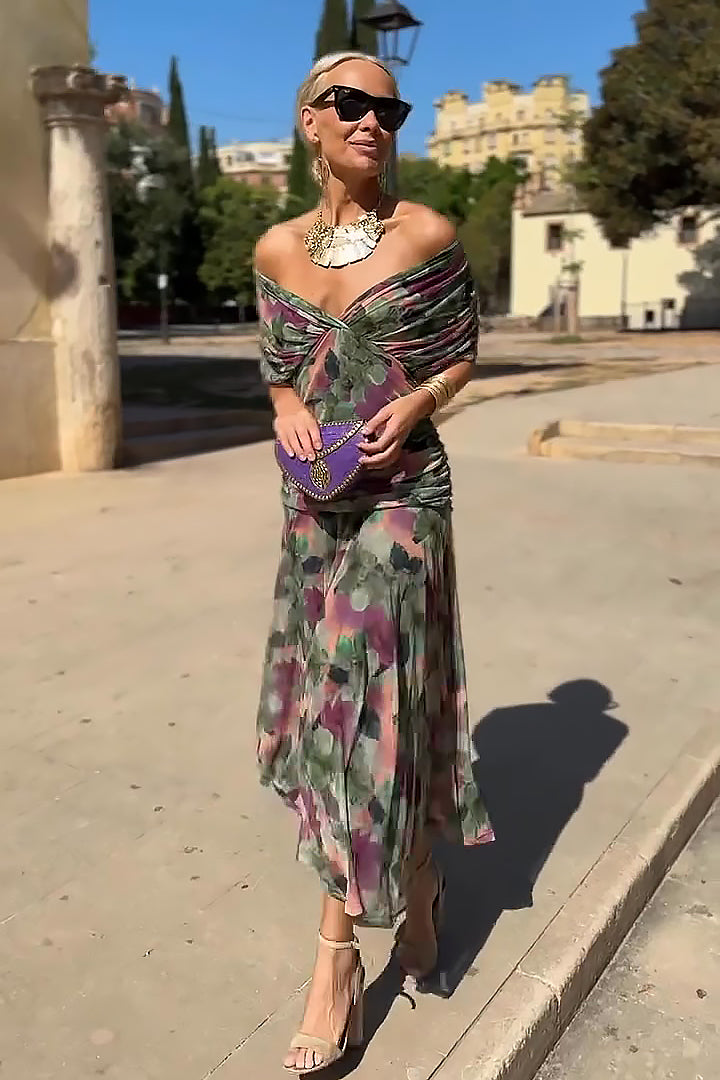 Women's maxi dress - pleated waist V-neck wedding ceremonies
