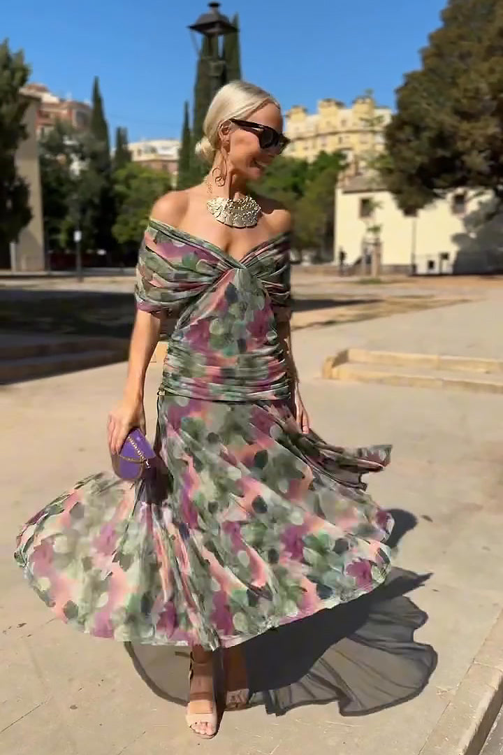Women's maxi dress - pleated waist V-neck wedding ceremonies