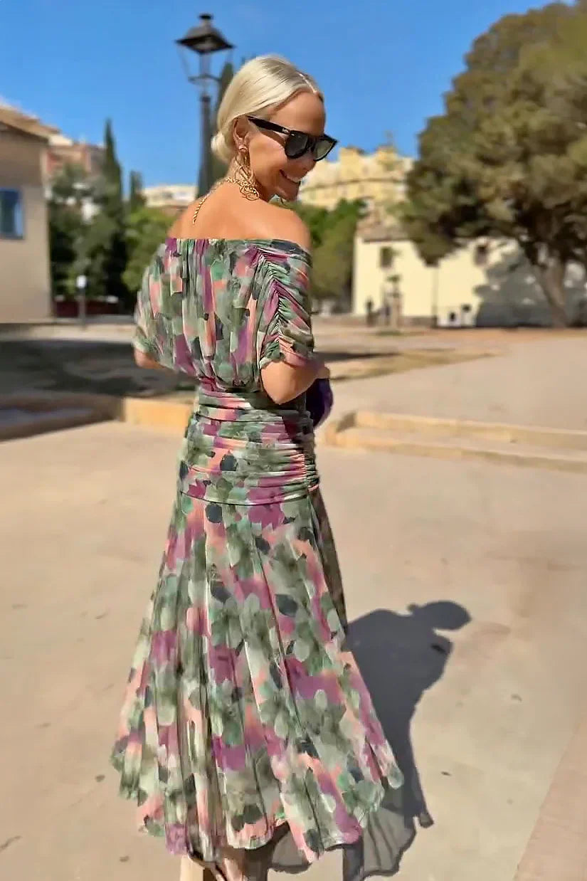 Women's maxi dress - pleated waist V-neck wedding ceremonies