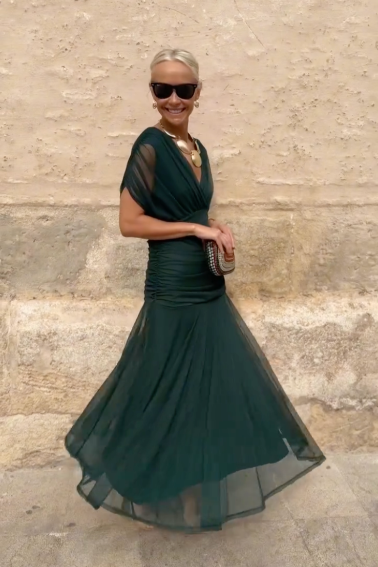 Women's maxi dress - pleated waist V-neck wedding ceremonies