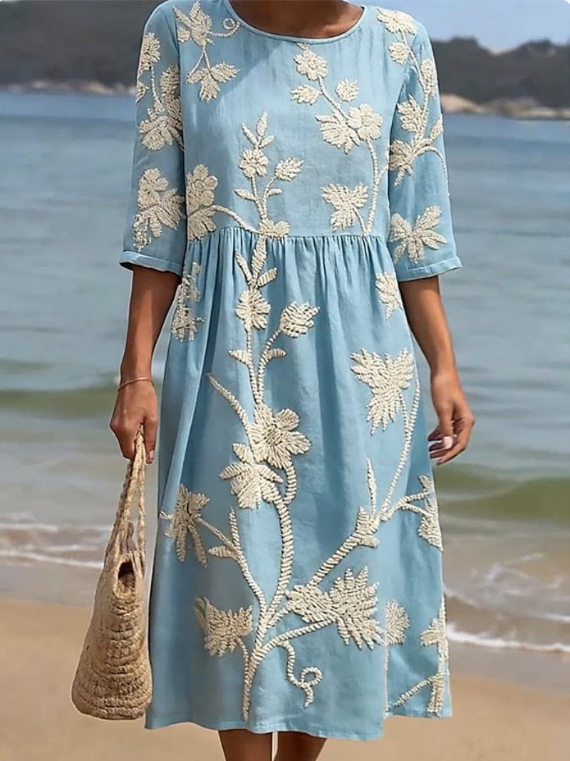 Women's midi dress - floral embroidery three-quarter sleeves - casual outings