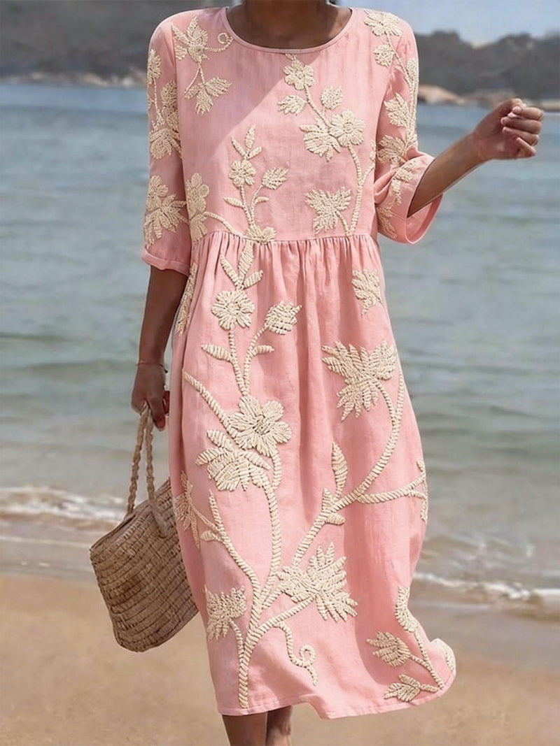 Women's midi dress - floral embroidery three-quarter sleeves - casual outings