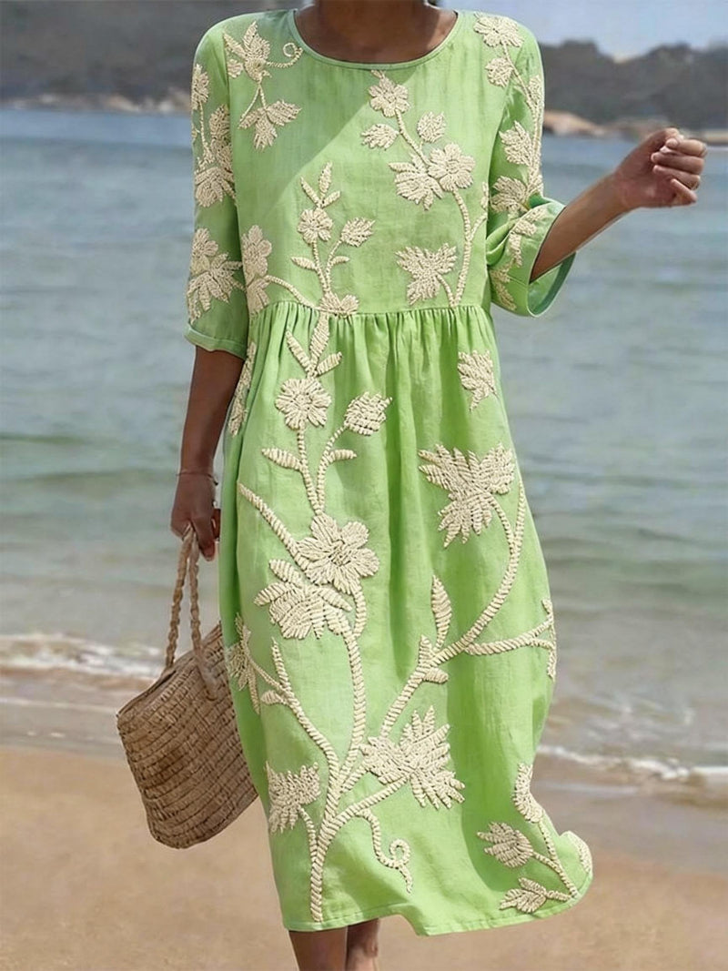 Women's midi dress - floral embroidery three-quarter sleeves - casual outings