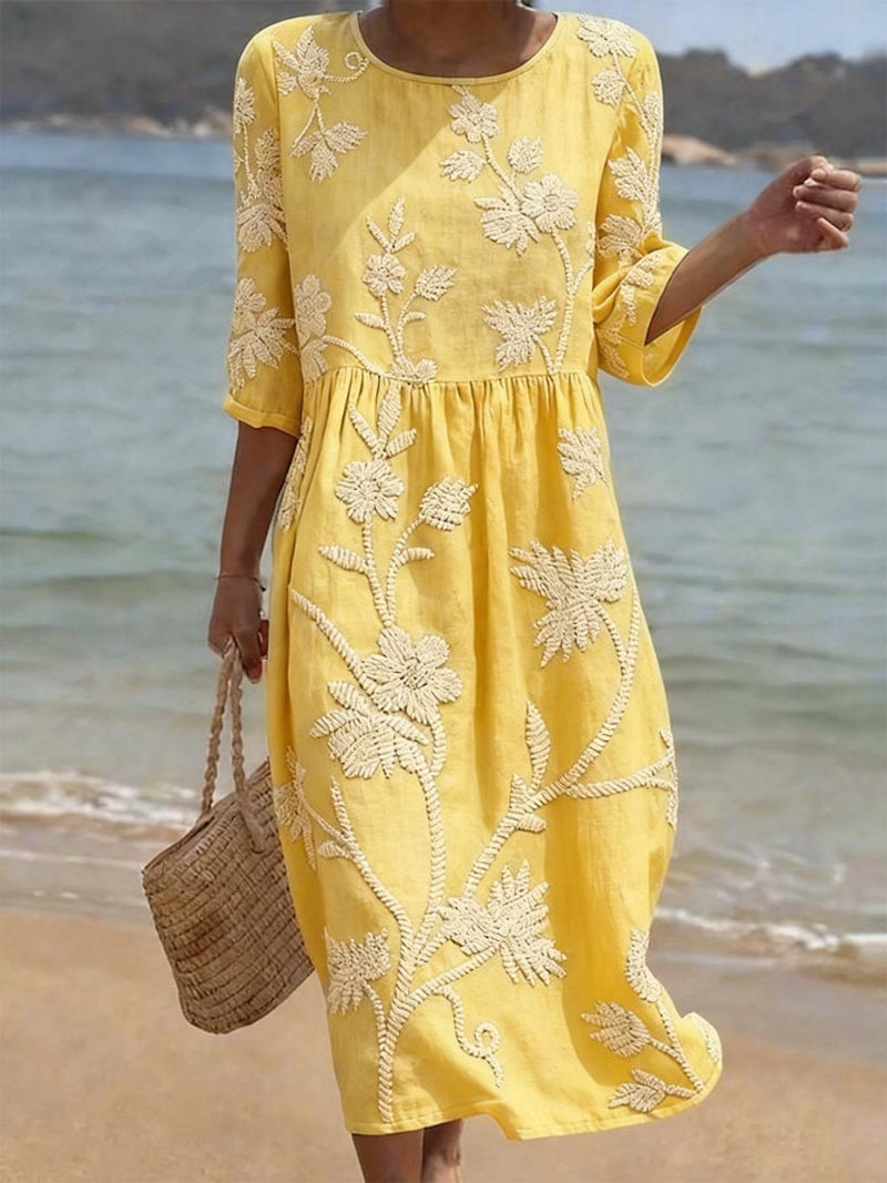 Women's midi dress - floral embroidery three-quarter sleeves - casual outings