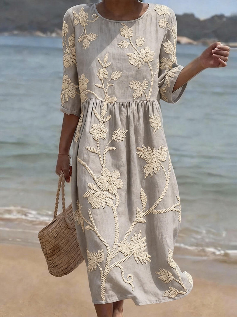 Women's midi dress - floral embroidery three-quarter sleeves - casual outings