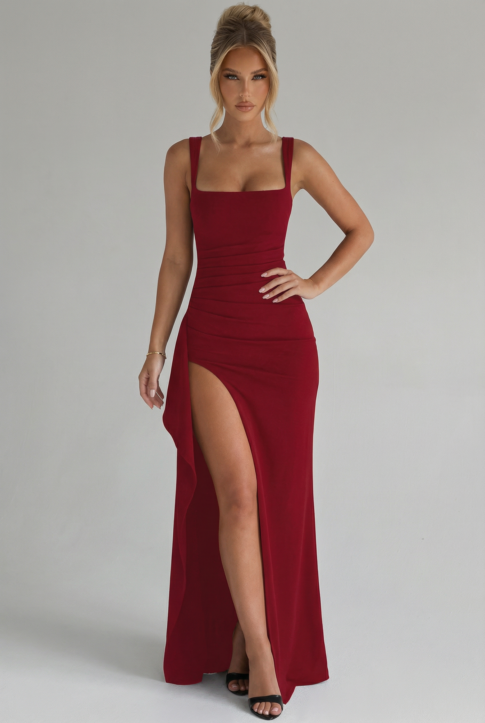 Square Neck Bodycon Slip Maxi Dress with Leg Split and Open Back Evening Gown