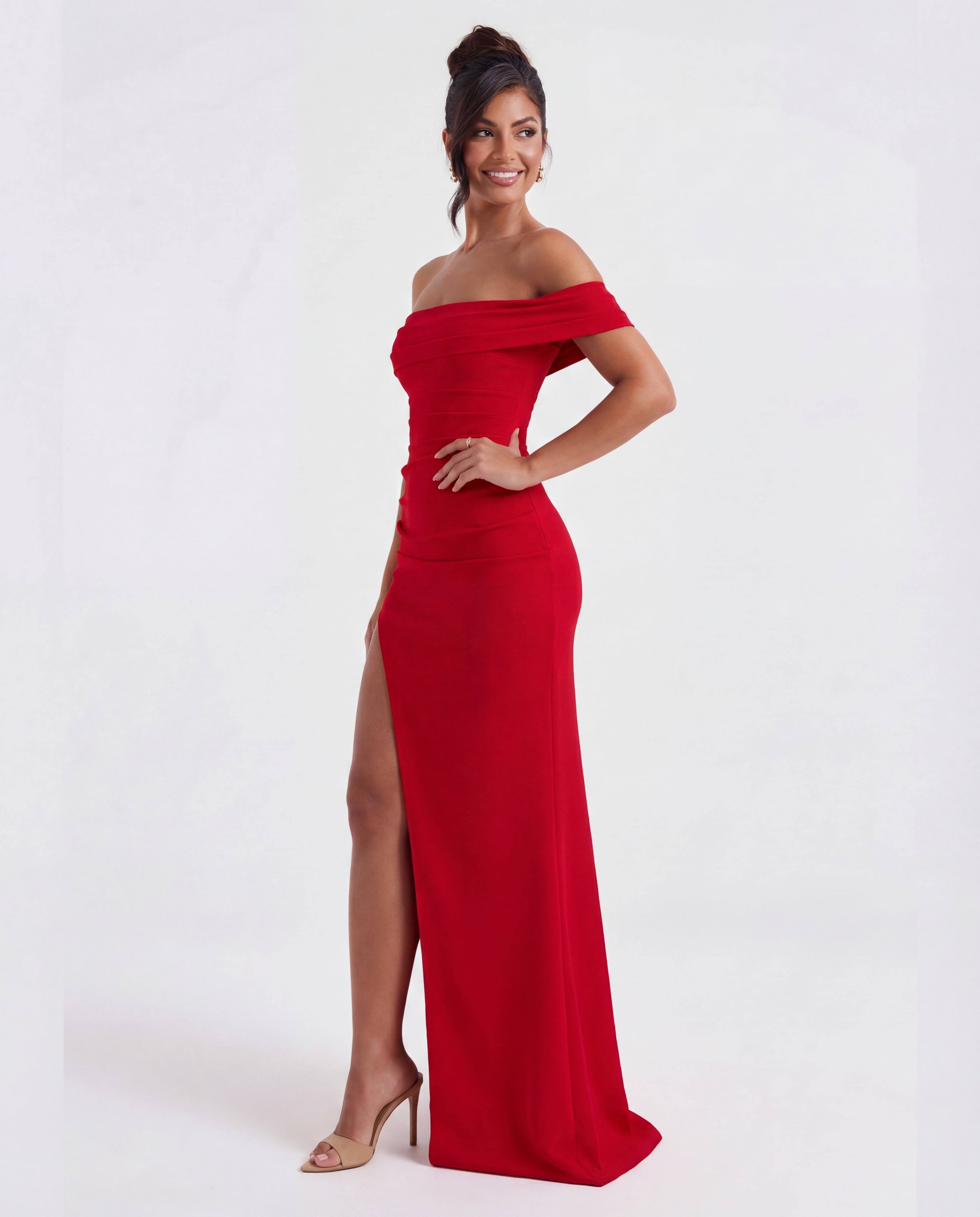 Off-shoulder ruched maxi dress | Bodycon formal evening gown