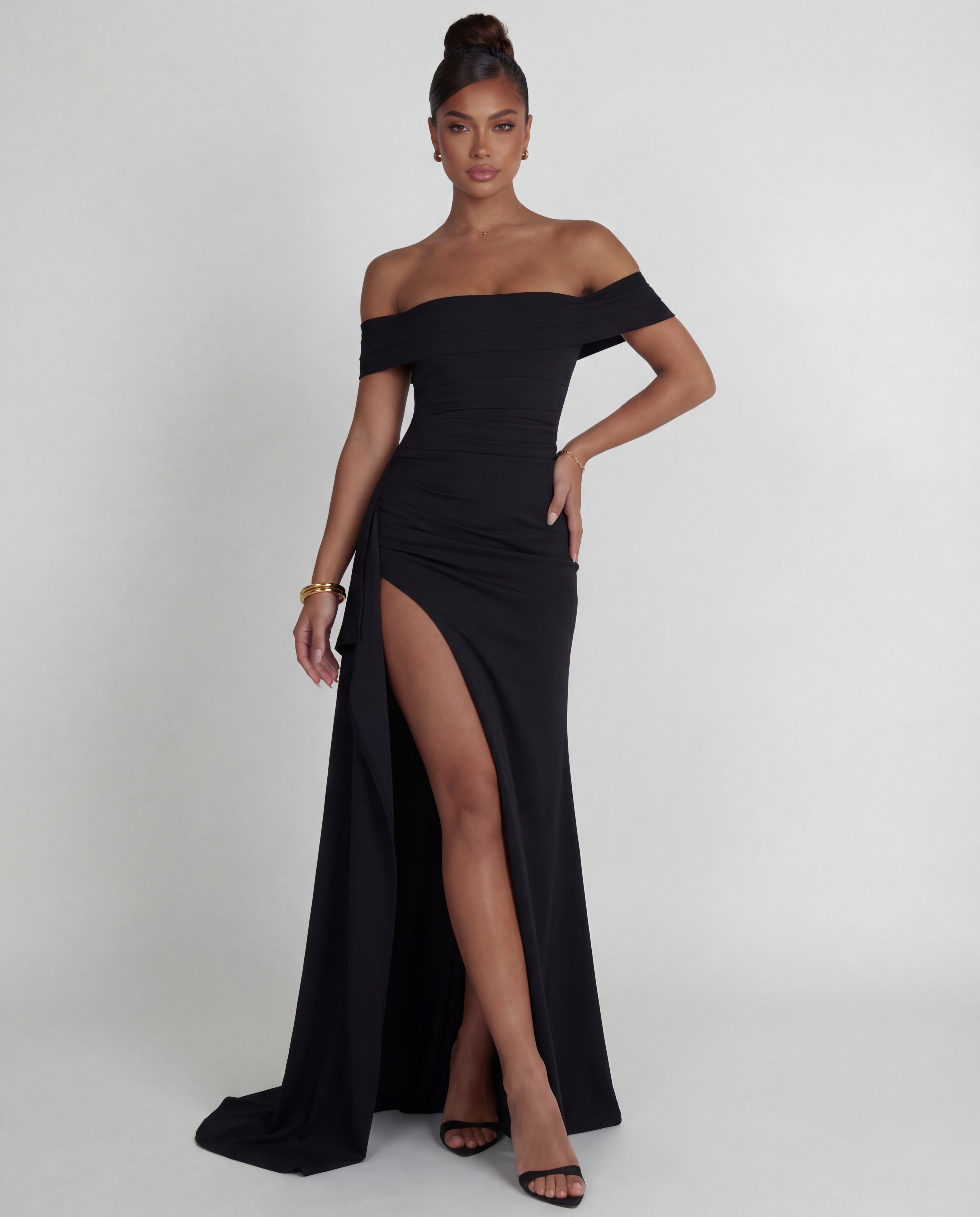Off-shoulder ruched maxi dress | Bodycon formal evening gown