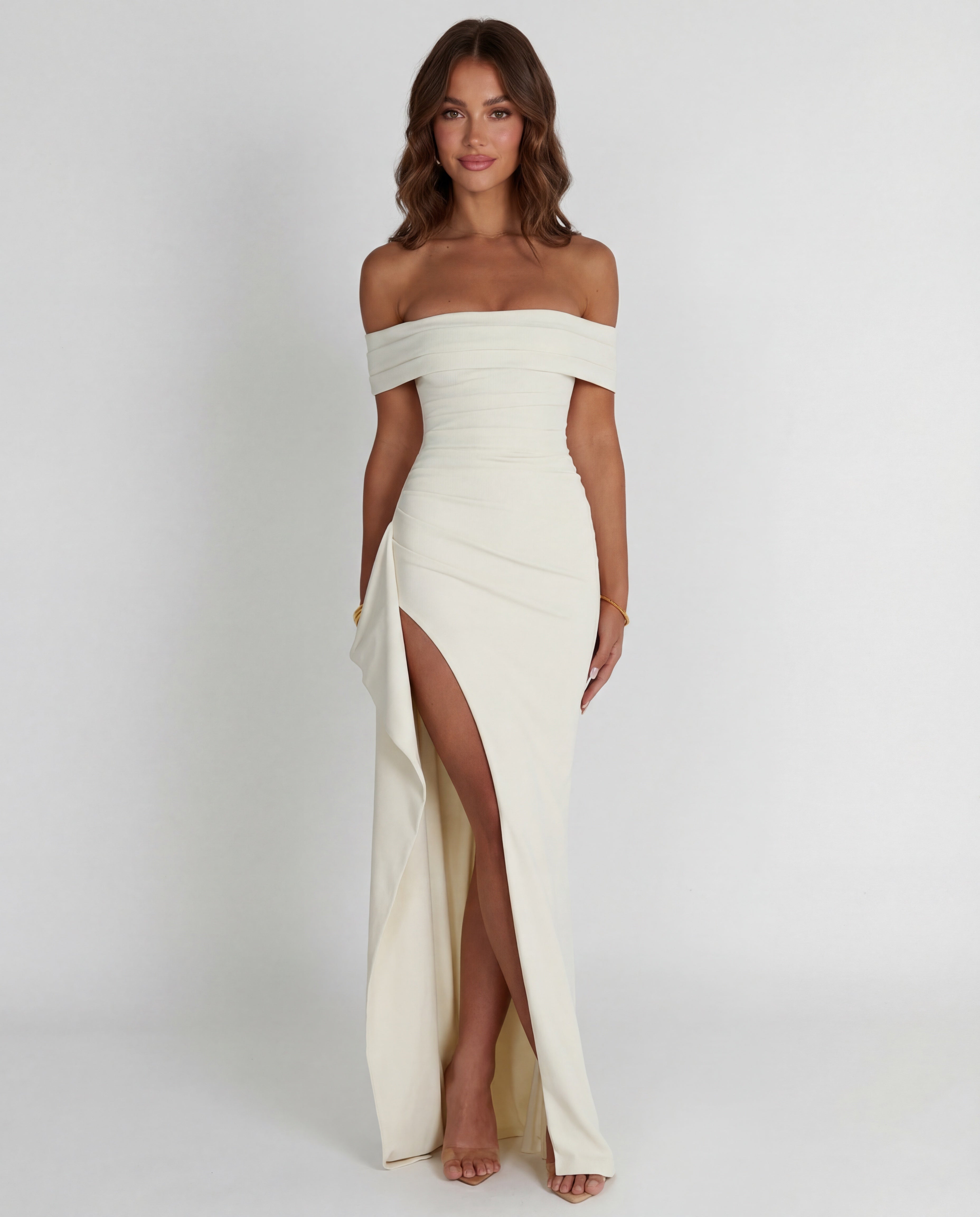 Off-shoulder ruched maxi dress | Bodycon formal evening gown