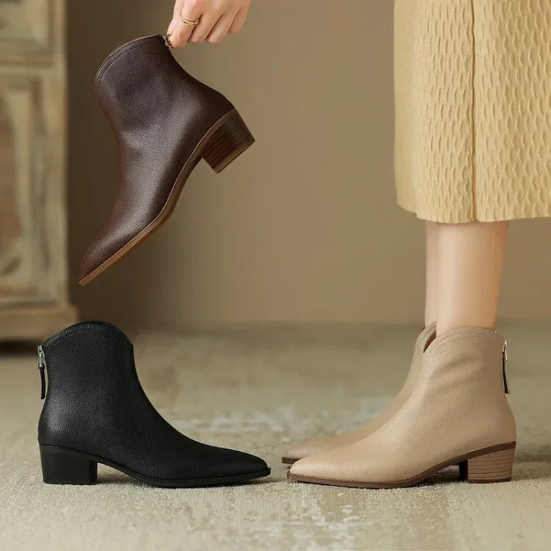 Women's Ankle Boots Vegan Leather Pointed Toe Slip On Low Heel Office
