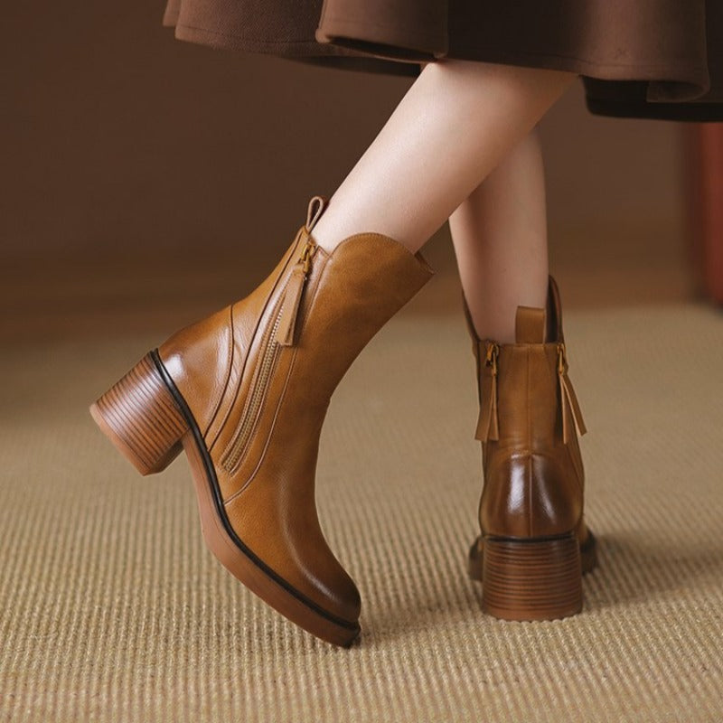 Women's Ankle Boots Leather High Heel Metal Zipper Shock Absorbing Sole Evening